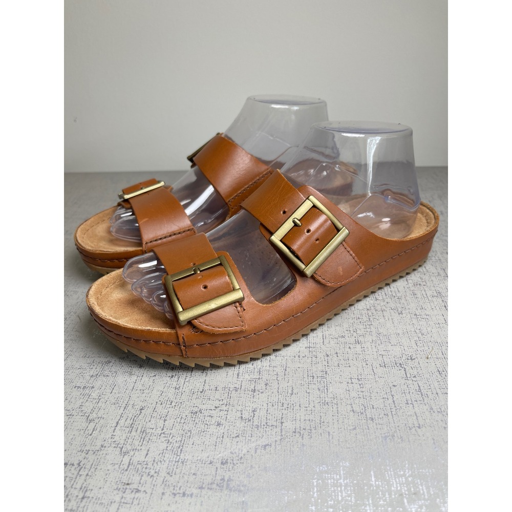 Clarks Brookleigh Sun Tan Leather Double Strap Buckle Slide Sandals Womens 8.5 M
